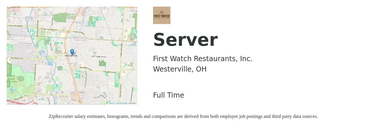 First Watch Restaurants, Inc. job posting for a Server in Westerville, OH with a salary of $10 to $17 Hourly with a map of Westerville location.