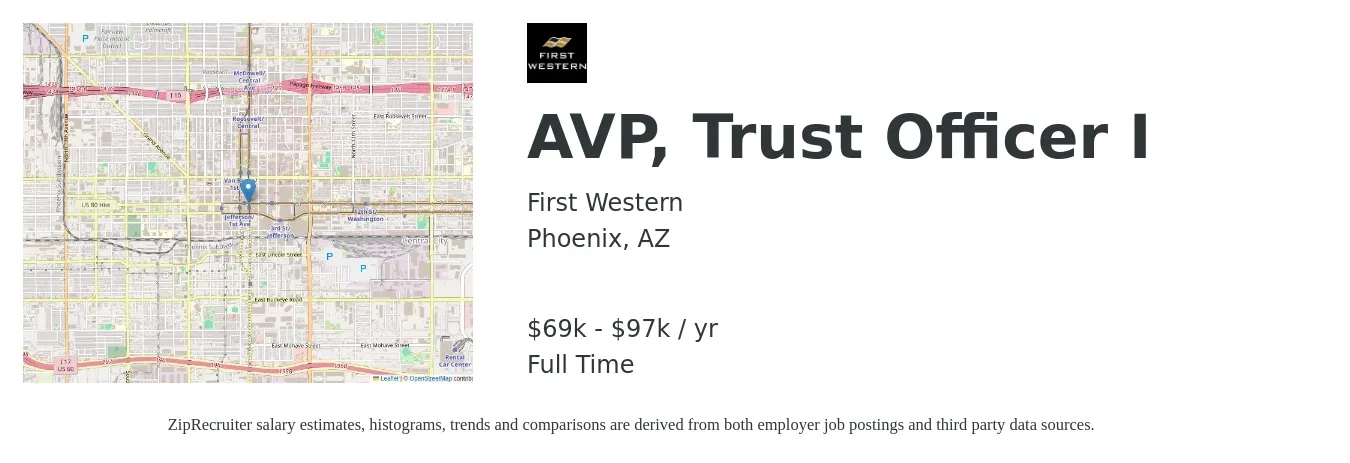 First Western job posting for a AVP, Trust Officer I in Phoenix, AZ with a salary of $69,300 to $97,200 Yearly with a map of Phoenix location.