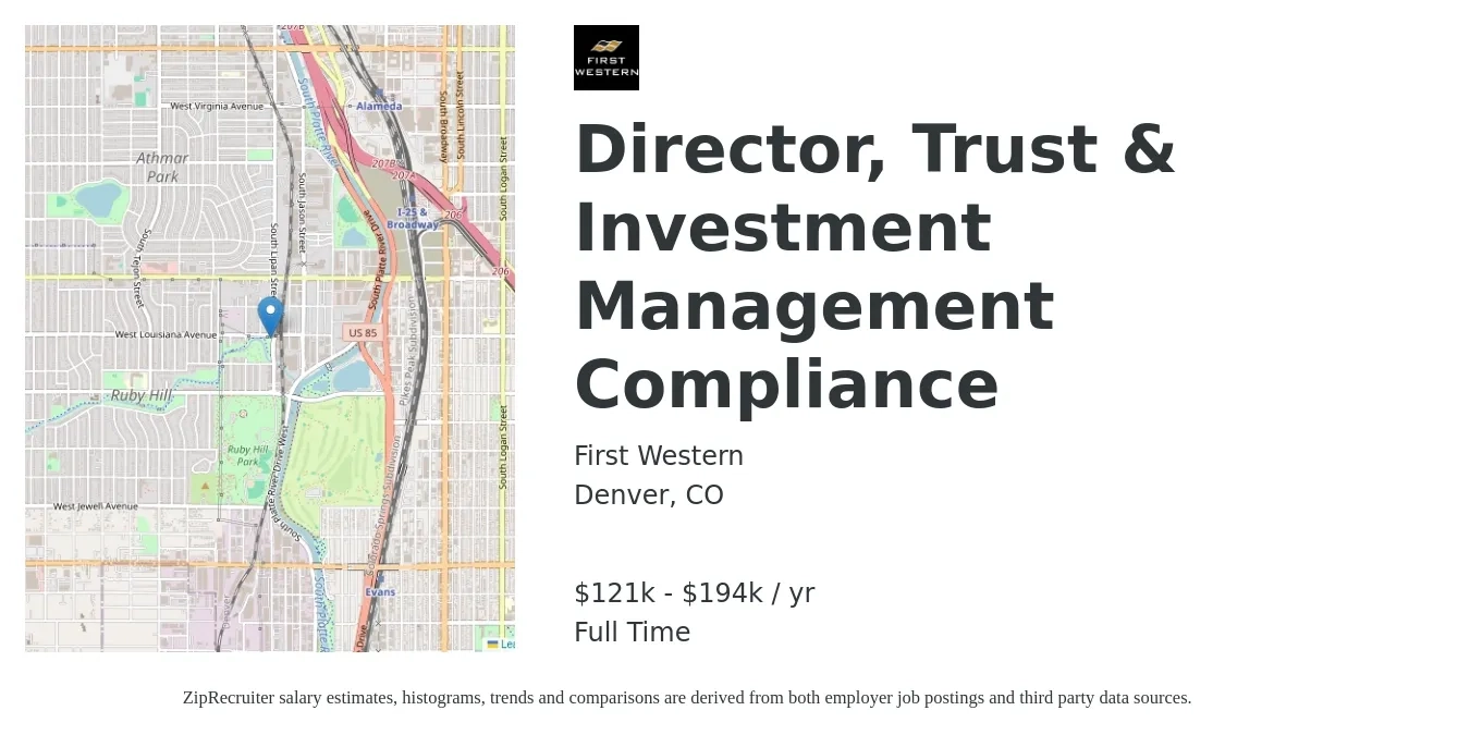First Western job posting for a Director, Trust & Investment Management Compliance in Denver, CO with a salary of $108,000 to $173,000 Yearly with a map of Denver location.