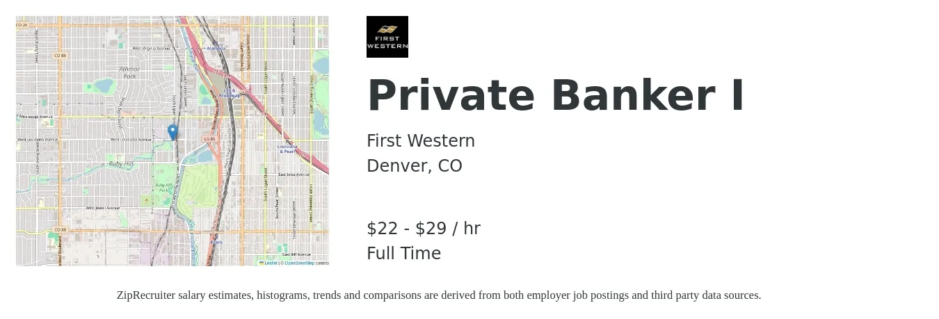 First Western job posting for a Private Banker I in Denver, CO with a salary of $23 to $30 Hourly with a map of Denver location.