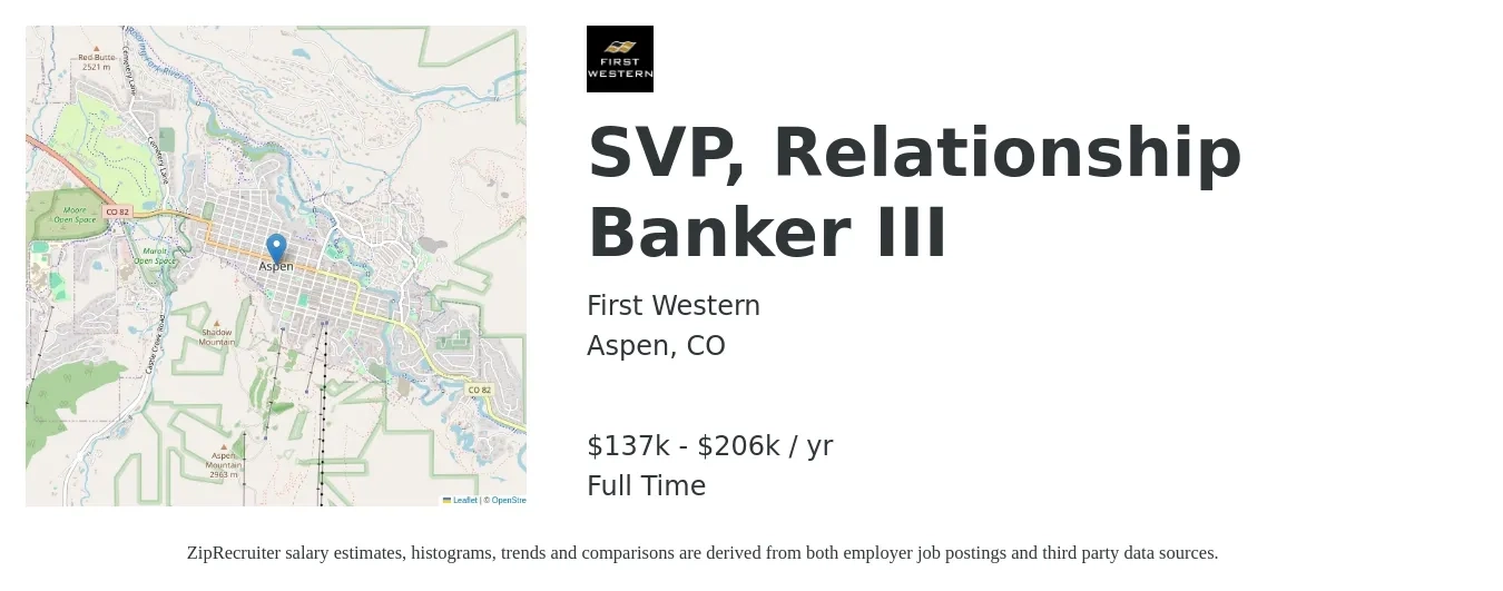 First Western job posting for a SVP, Relationship Banker III in Aspen, CO with a salary of $137,000 to $206,000 Yearly with a map of Aspen location.