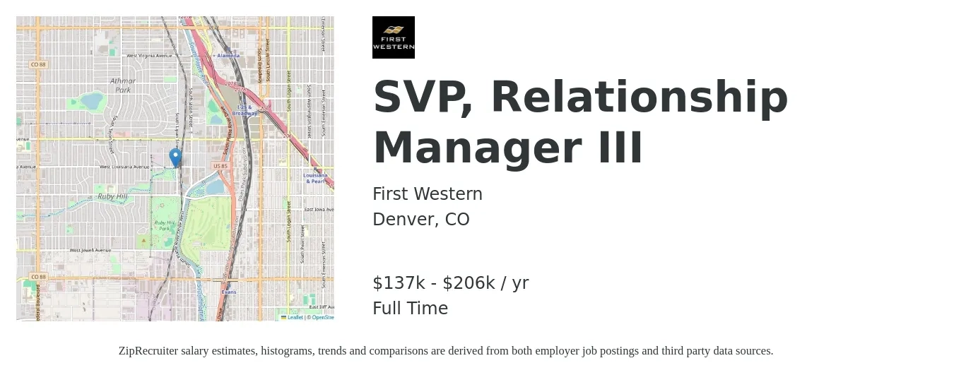 First Western job posting for a SVP, Relationship Manager III in Denver, CO with a salary of $137,000 to $206,000 Yearly with a map of Denver location.