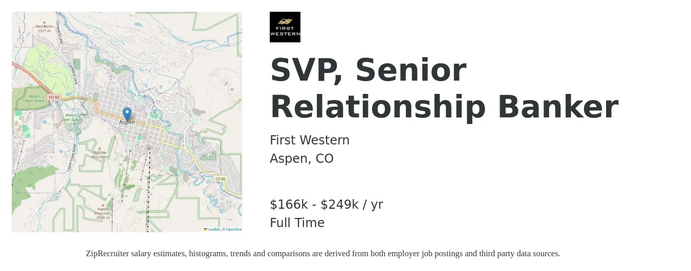 First Western job posting for a SVP, Senior Relationship Banker in Aspen, CO with a salary of $166,000 to $249,100 Yearly with a map of Aspen location.