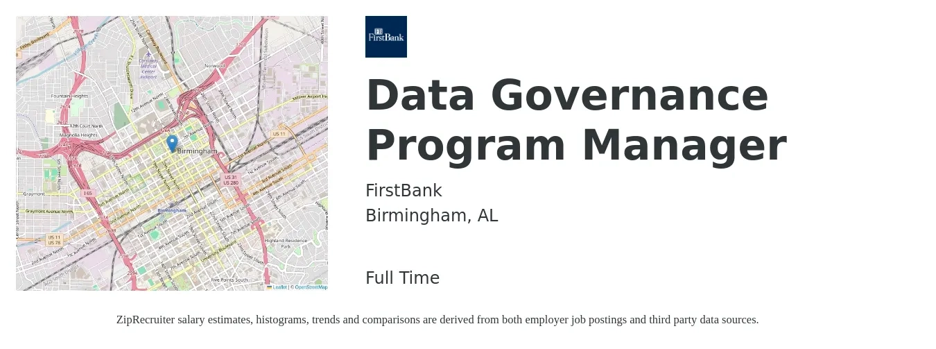 FirstBank job posting for a Data Governance Program Manager in Birmingham, AL with a salary of $40 to $66 Hourly with a map of Birmingham location.