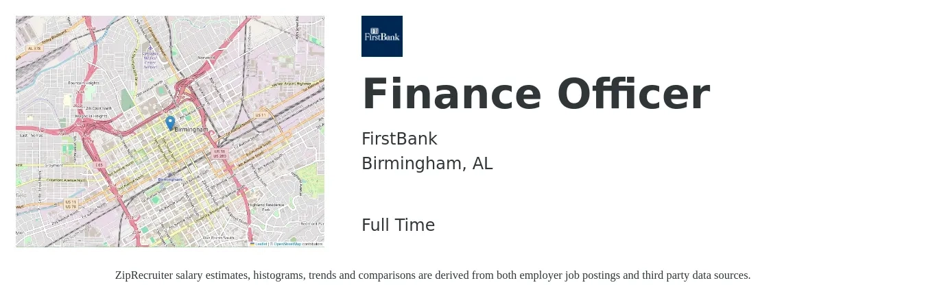 FirstBank job posting for a Finance Officer in Birmingham, AL with a salary of $132,200 to $375,000 Yearly with a map of Birmingham location.