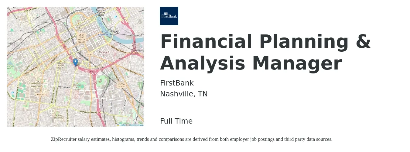 FirstBank job posting for a Financial Planning & Analysis Manager in Nashville, TN with a salary of $101,900 to $133,800 Yearly with a map of Nashville location.