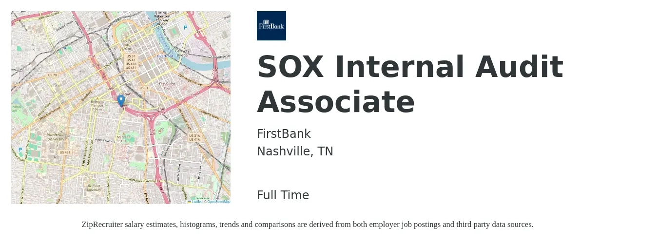 FirstBank job posting for a SOX Internal Audit Associate in Nashville, TN with a salary of $57,500 to $86,900 Yearly with a map of Nashville location.