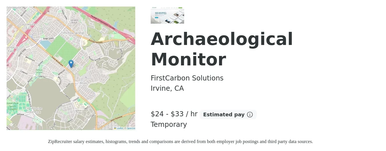 FirstCarbon Solutions job posting for a Archaeological Monitor in Irvine, CA with a salary of $25 to $35 Hourly with a map of Irvine location.