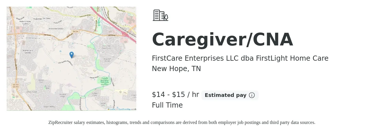 FirstCare Enterprises LLC dba FirstLight Home Care job posting for a Caregiver/CNA in New Hope, TN with a salary of $15 to $16 Hourly with a map of New Hope location.