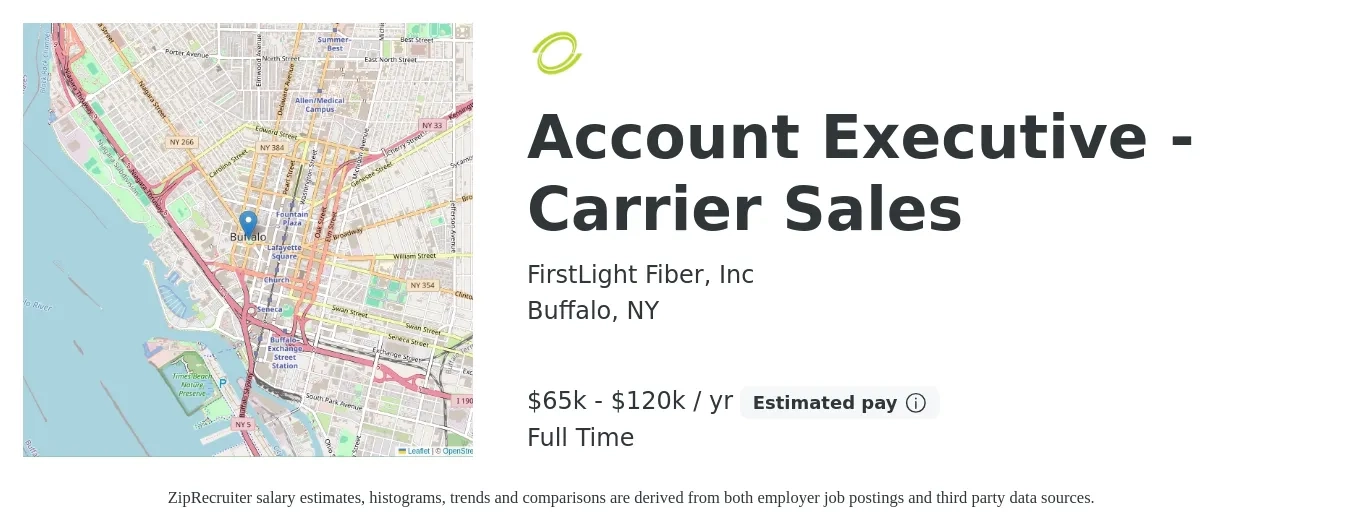 FirstLight Fiber, Inc job posting for a Account Executive - Carrier Sales in Buffalo, NY with a salary of $65,000 to $120,000 Yearly with a map of Buffalo location.