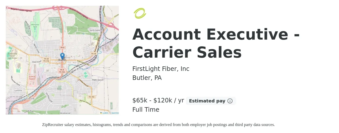 FirstLight Fiber, Inc job posting for a Account Executive - Carrier Sales in Butler, PA with a salary of $65,000 to $120,000 Yearly with a map of Butler location.