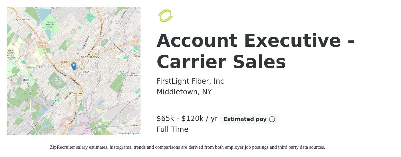 FirstLight Fiber, Inc job posting for a Account Executive - Carrier Sales in Middletown, NY with a salary of $65,000 to $120,000 Yearly with a map of Middletown location.