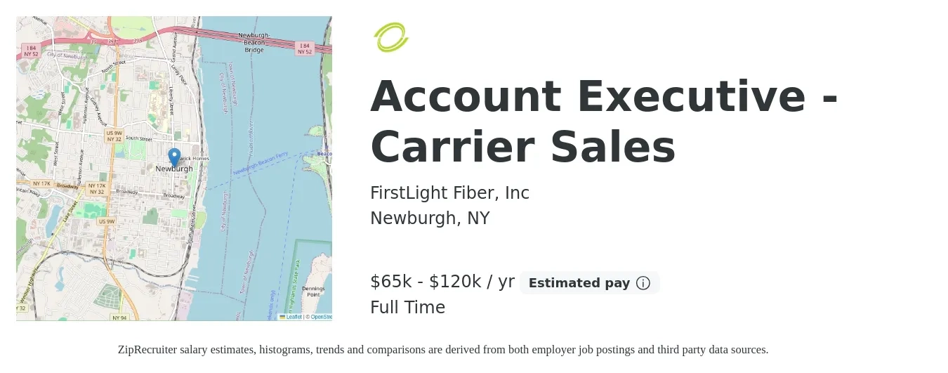FirstLight Fiber, Inc job posting for a Account Executive - Carrier Sales in Newburgh, NY with a salary of $65,000 to $120,000 Yearly with a map of Newburgh location.