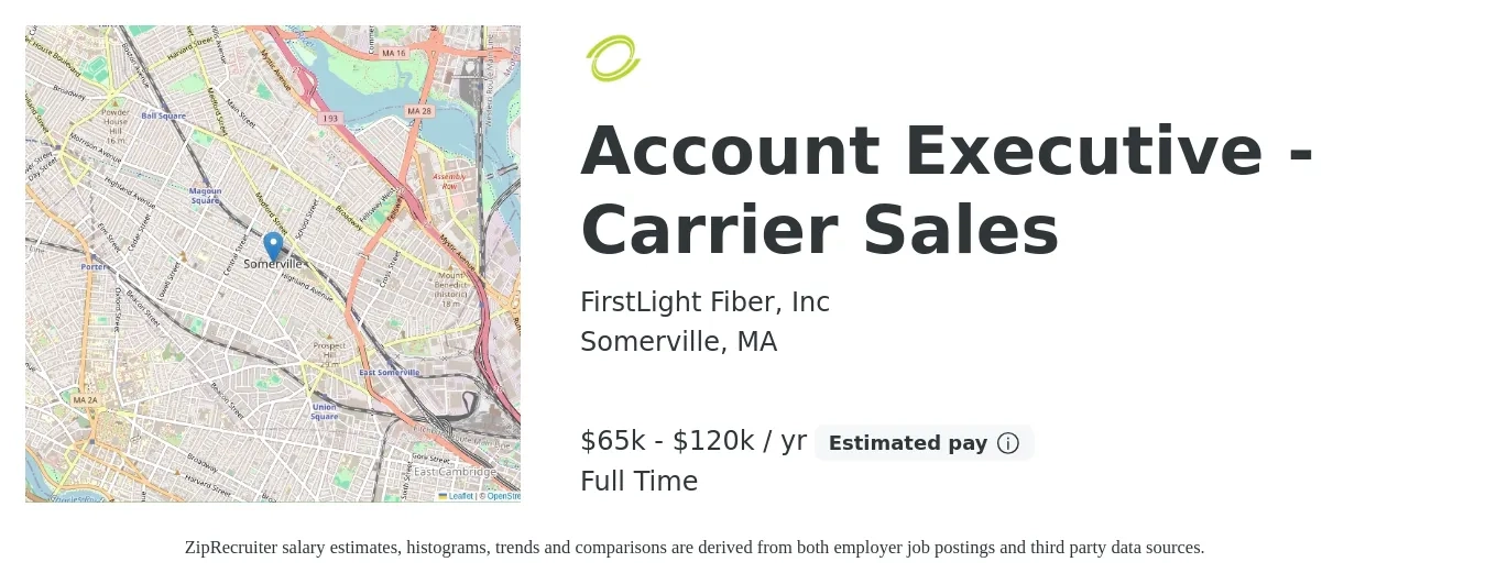 FirstLight Fiber, Inc job posting for a Account Executive - Carrier Sales in Somerville, MA with a salary of $65,000 to $120,000 Yearly with a map of Somerville location.