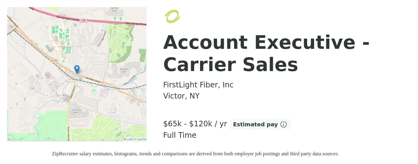 FirstLight Fiber, Inc job posting for a Account Executive - Carrier Sales in Victor, NY with a salary of $65,000 to $120,000 Yearly with a map of Victor location.