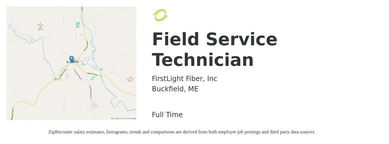FirstLight Fiber, Inc job posting for a Field Service Technician in Buckfield, ME with a salary of $18 to $27 Hourly with a map of Buckfield location.