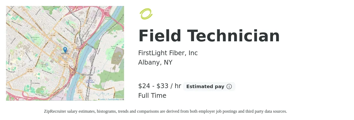 FirstLight Fiber, Inc job posting for a Field Technician in Albany, NY with a salary of $25 to $35 Hourly with a map of Albany location.