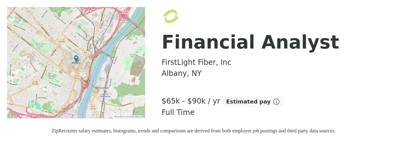 FirstLight Fiber, Inc job posting for a Financial Analyst in Albany, NY with a salary of $65,000 to $90,000 Yearly with a map of Albany location.