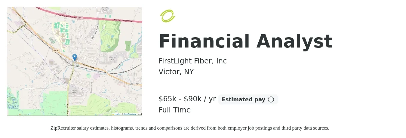 FirstLight Fiber, Inc job posting for a Financial Analyst in Victor, NY with a salary of $65,000 to $90,000 Yearly with a map of Victor location.