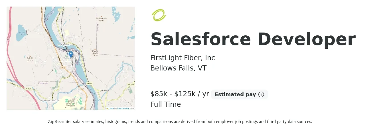 FirstLight Fiber, Inc job posting for a Salesforce Developer in Bellows Falls, VT with a salary of $85,000 to $125,000 Yearly with a map of Bellows Falls location.