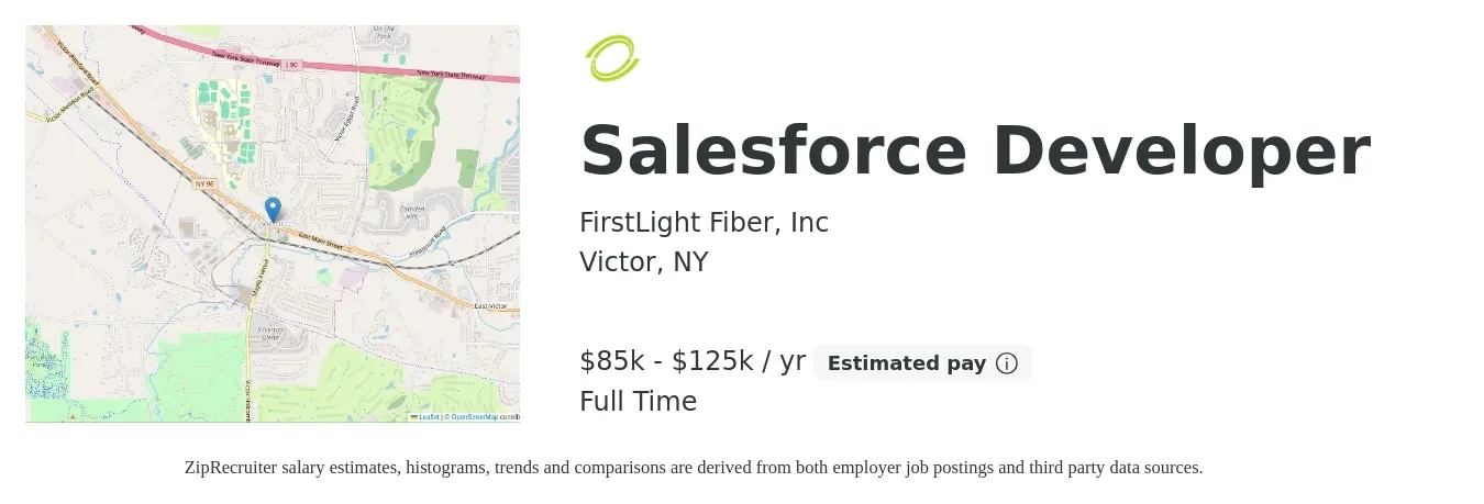 FirstLight Fiber, Inc job posting for a Salesforce Developer in Victor, NY with a salary of $85,000 to $125,000 Yearly with a map of Victor location.