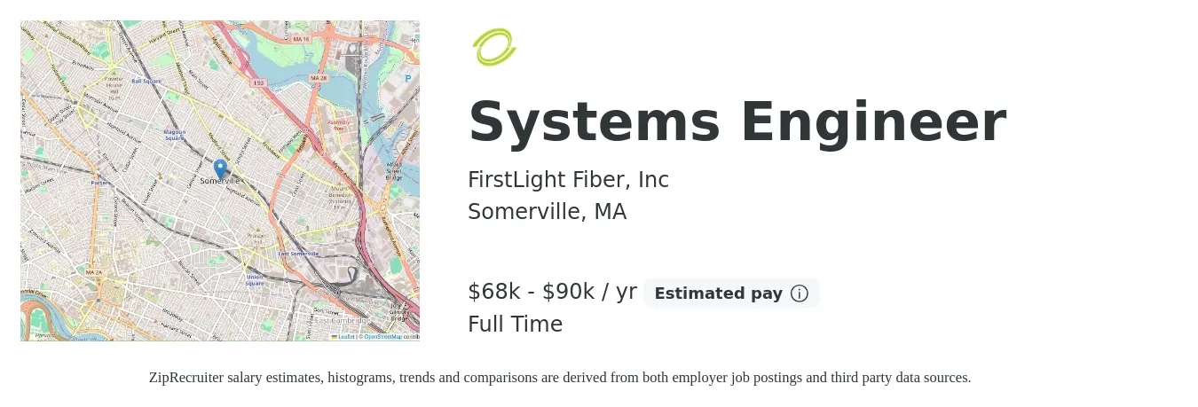 FirstLight Fiber, Inc job posting for a Systems Engineer in Somerville, MA with a salary of $68,000 to $90,000 Yearly with a map of Somerville location.