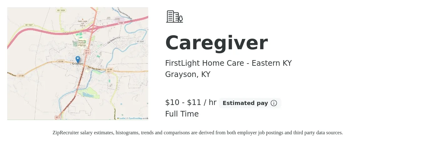 FirstLight Home Care - Eastern KY job posting for a Caregiver in Grayson, KY with a salary of $11 to $12 Hourly with a map of Grayson location.