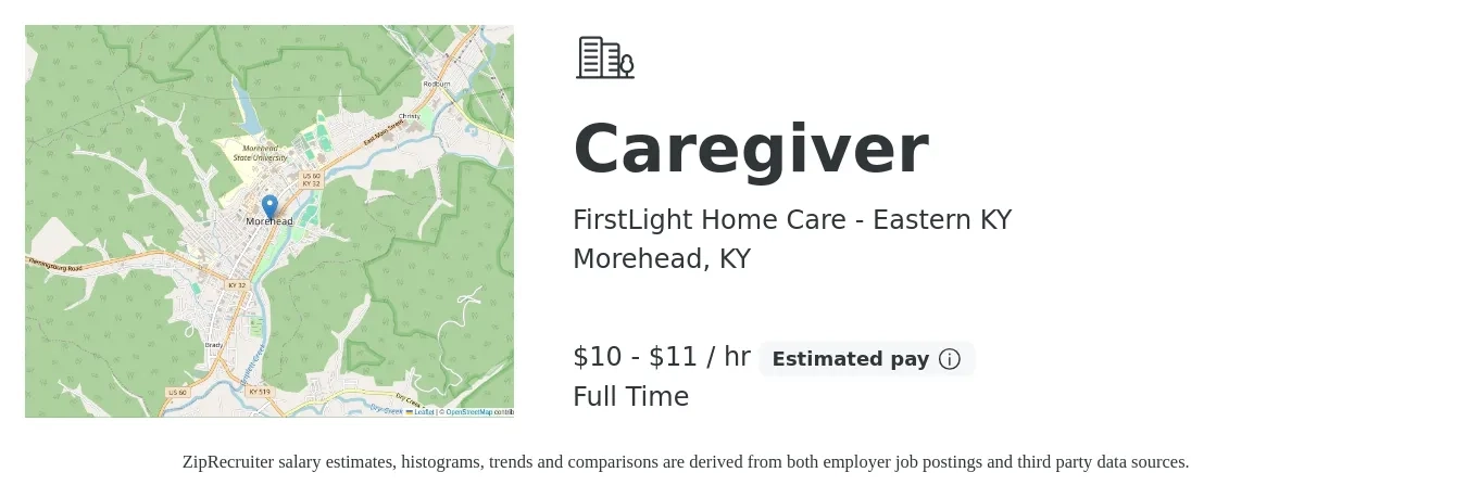 FirstLight Home Care - Eastern KY job posting for a Caregiver in Morehead, KY with a salary of $11 to $12 Hourly with a map of Morehead location.