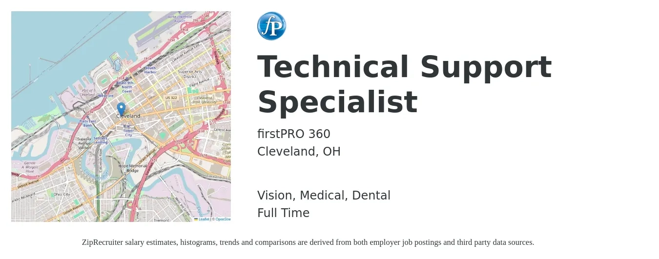 firstPRO 360 job posting for a Technical Support Specialist in Cleveland, OH with a salary of $20 to $31 Hourly and benefits including dental, medical, pto, and vision with a map of Cleveland location.