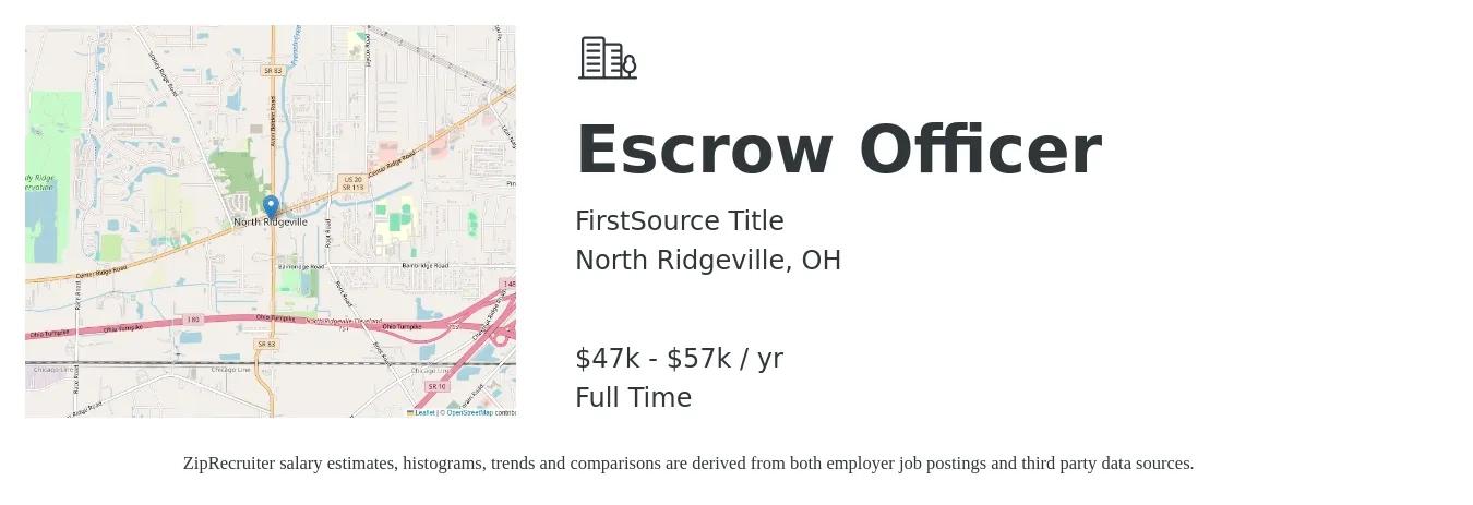FirstSource Title job posting for a Escrow Officer in North Ridgeville, OH with a salary of $47,000 to $57,000 Yearly with a map of North Ridgeville location.
