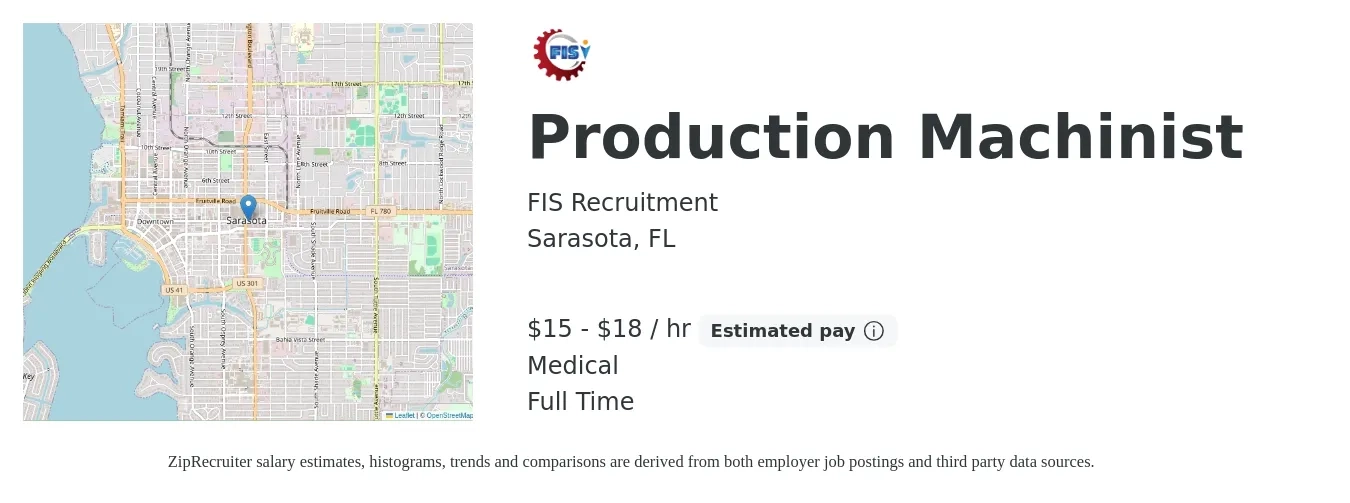 FIS Recruitment job posting for a Production Machinist in Sarasota, FL with a salary of $16 to $19 Hourly and benefits including medical with a map of Sarasota location.