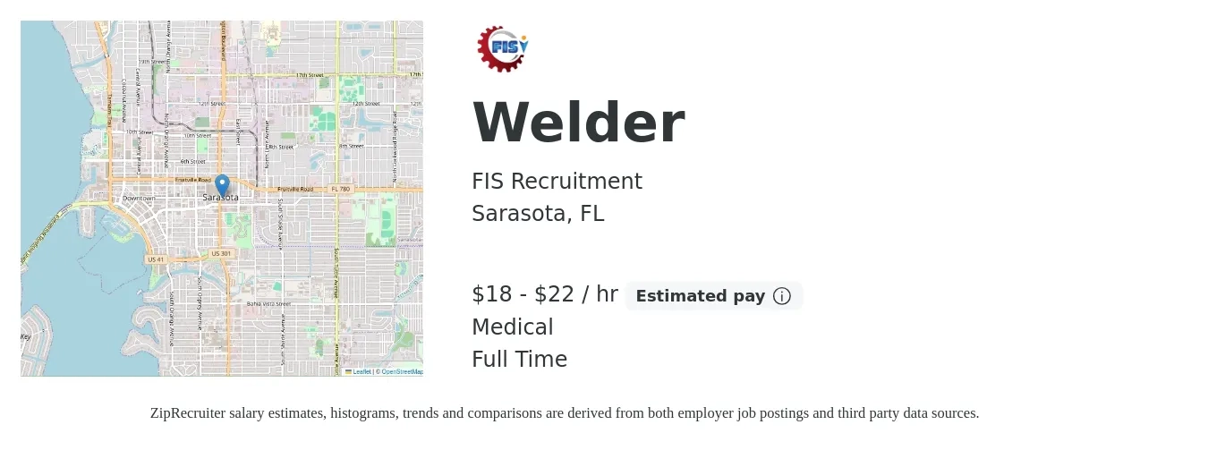FIS Recruitment job posting for a Welder in Sarasota, FL with a salary of $19 to $23 Hourly and benefits including medical with a map of Sarasota location.