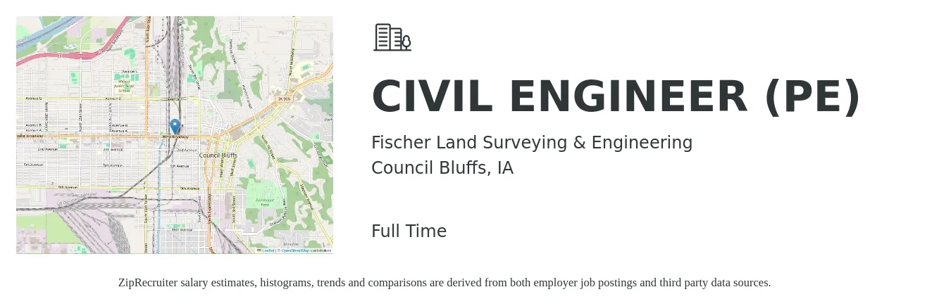 Fischer Land Surveying & Engineering job posting for a CIVIL ENGINEER (PE) in Council Bluffs, IA with a salary of $63,000 to $91,900 Yearly with a map of Council Bluffs location.