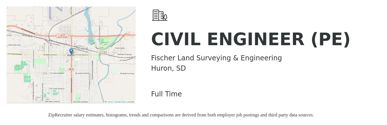 Fischer Land Surveying & Engineering job posting for a CIVIL ENGINEER (PE) in Huron, SD with a salary of $66,300 to $96,700 Yearly with a map of Huron location.