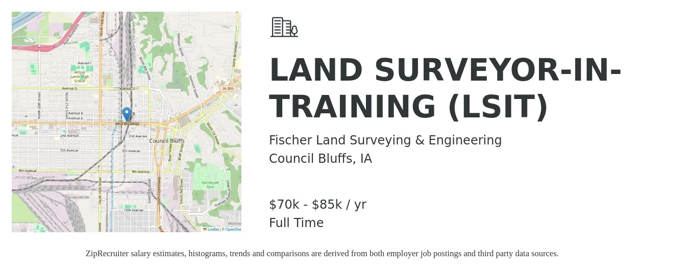 Fischer Land Surveying & Engineering job posting for a LAND SURVEYOR-IN-TRAINING (LSIT) in Council Bluffs, IA with a salary of $70,000 to $85,000 Yearly with a map of Council Bluffs location.