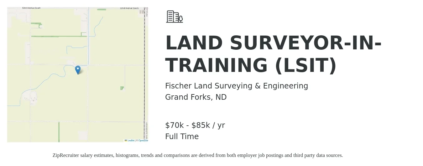 Fischer Land Surveying & Engineering job posting for a LAND SURVEYOR-IN-TRAINING (LSIT) in Grand Forks, ND with a salary of $70,000 to $85,000 Yearly with a map of Grand Forks location.