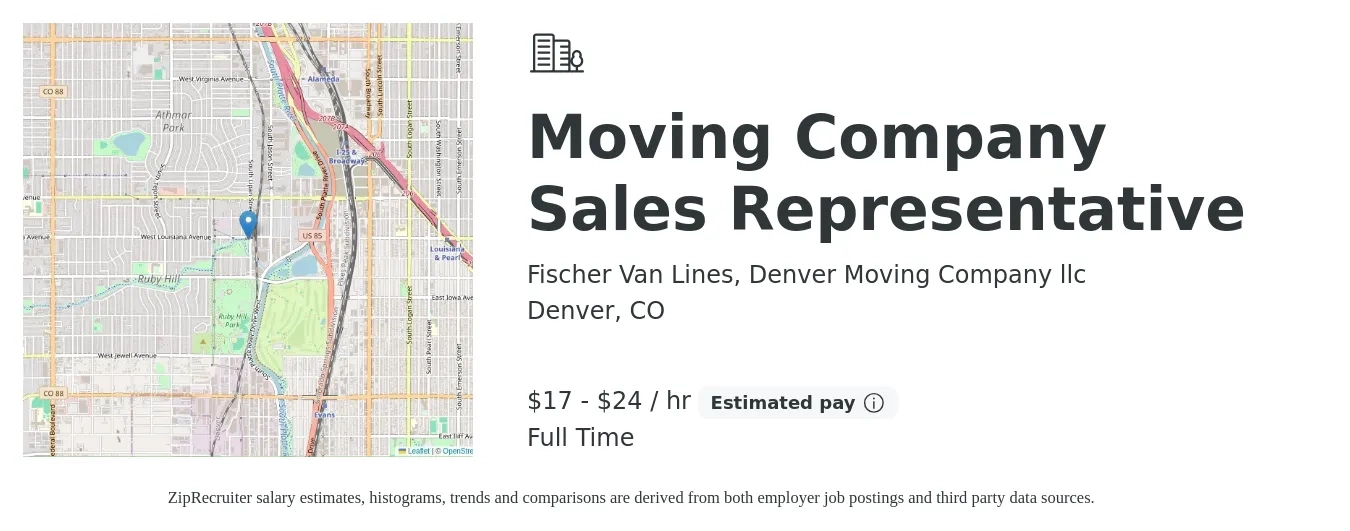 Fischer Van Lines, Denver Moving Company llc job posting for a Moving Company Sales Representative in Denver, CO with a salary of $18 to $25 Hourly with a map of Denver location.