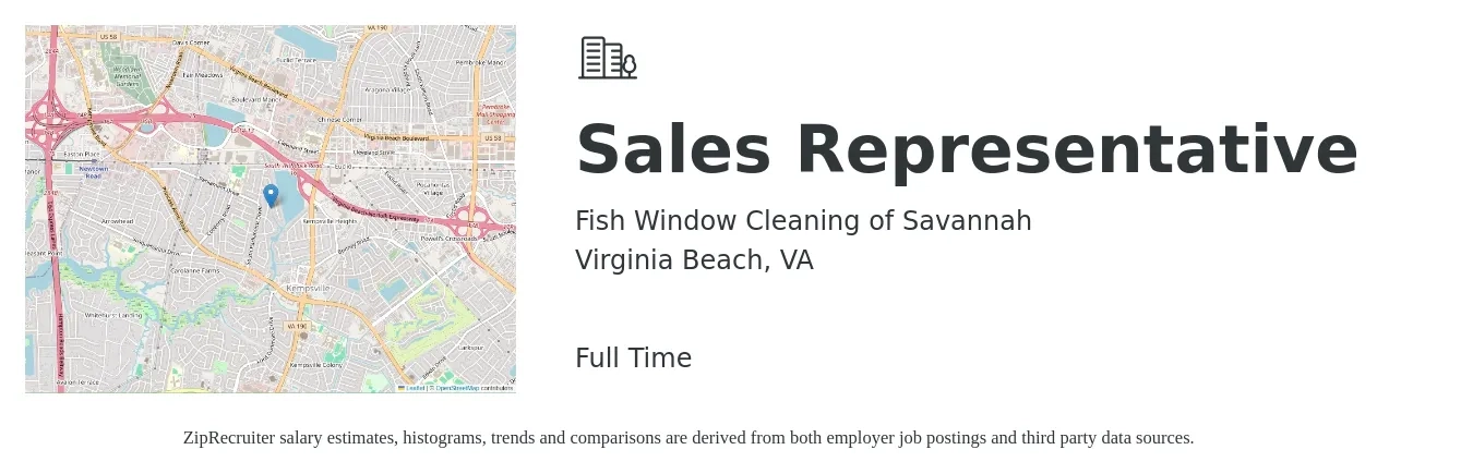 Fish Window Cleaning of Savannah job posting for a Sales Representative in Virginia Beach, VA with a salary of $46,500 to $80,900 Yearly with a map of Virginia Beach location.