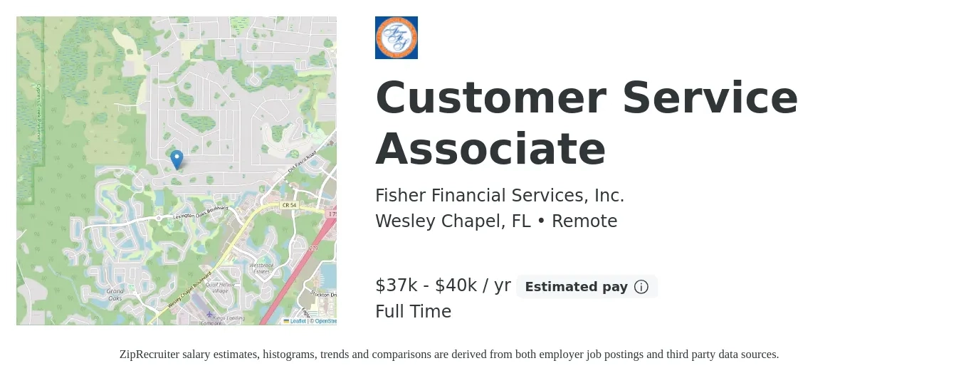 Fisher Financial Services, Inc. job posting for a Customer Service Associate in Wesley Chapel, FL with a salary of $37,000 to $40,000 Yearly with a map of Wesley Chapel location.