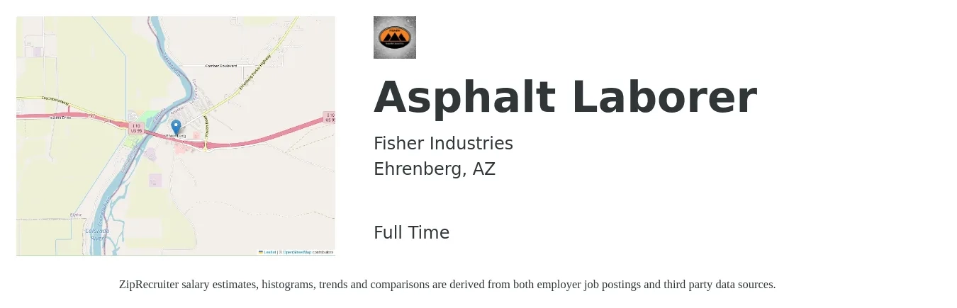 Fisher Industries job posting for a Asphalt Laborer in Ehrenberg, AZ with a salary of $18 to $23 Hourly with a map of Ehrenberg location.