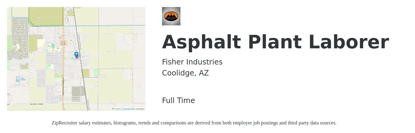 Fisher Industries job posting for a Asphalt Plant Laborer in Coolidge, AZ with a salary of $17 to $20 Hourly with a map of Coolidge location.