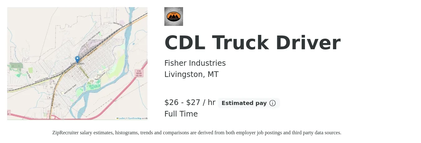Fisher Industries job posting for a CDL Truck Driver in Livingston, MT with a salary of $28 to $29 Hourly with a map of Livingston location.