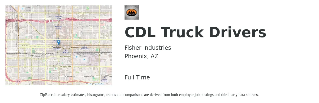 Fisher Industries job posting for a CDL Truck Drivers in Phoenix, AZ with a salary of $1,220 to $1,790 Weekly with a map of Phoenix location.
