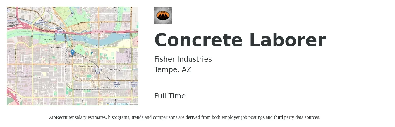Fisher Industries job posting for a Concrete Laborer in Tempe, AZ with a salary of $18 to $24 Hourly with a map of Tempe location.