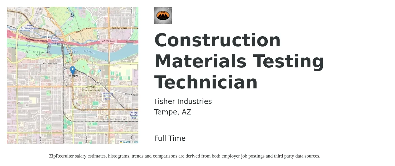 Fisher Industries job posting for a Construction Materials Testing Technician in Tempe, AZ with a salary of $18 to $24 Hourly with a map of Tempe location.