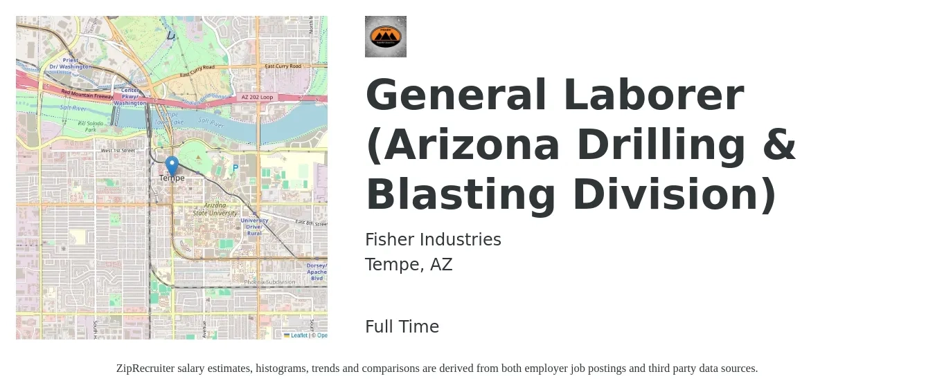 Fisher Industries job posting for a General Laborer (Arizona Drilling & Blasting Division) in Tempe, AZ with a salary of $16 to $20 Hourly with a map of Tempe location.