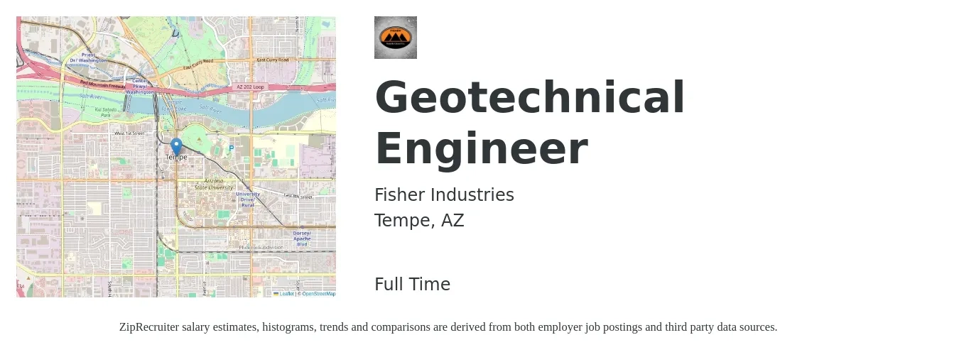 Fisher Industries job posting for a Geotechnical Engineer in Tempe, AZ with a salary of $68,000 to $104,400 Yearly with a map of Tempe location.