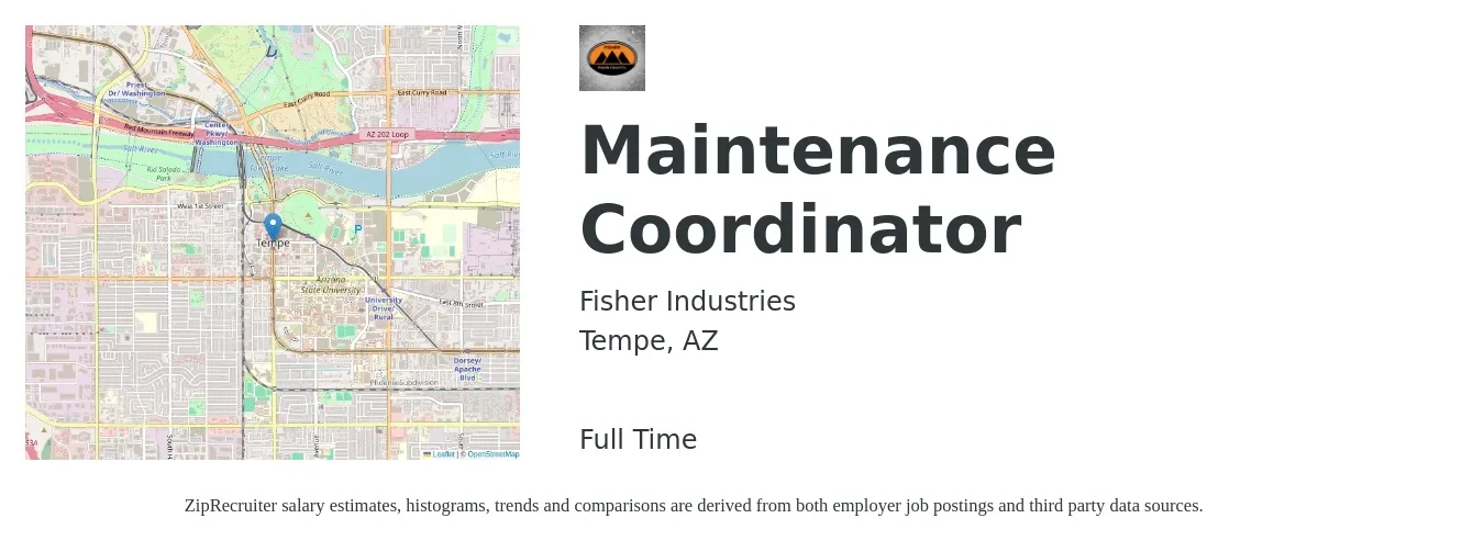 Fisher Industries job posting for a Maintenance Coordinator in Tempe, AZ with a salary of $19 to $29 Hourly with a map of Tempe location.