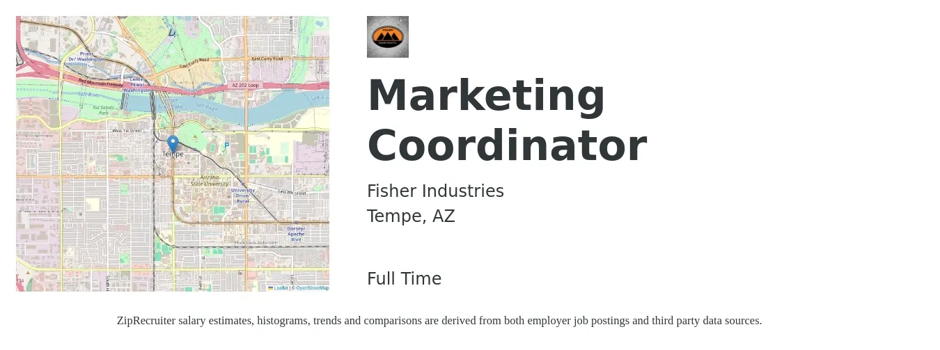 Fisher Industries job posting for a Marketing Coordinator in Tempe, AZ with a salary of $40,700 to $56,000 Yearly with a map of Tempe location.