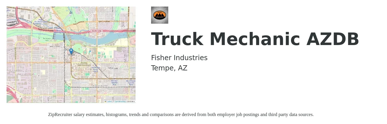 Fisher Industries job posting for a Truck Mechanic AZDB in Tempe, AZ with a salary of $24 to $30 Hourly with a map of Tempe location.